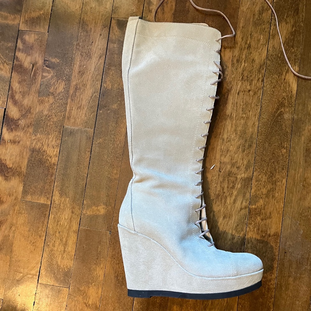Knee length wedge lace-up boots
